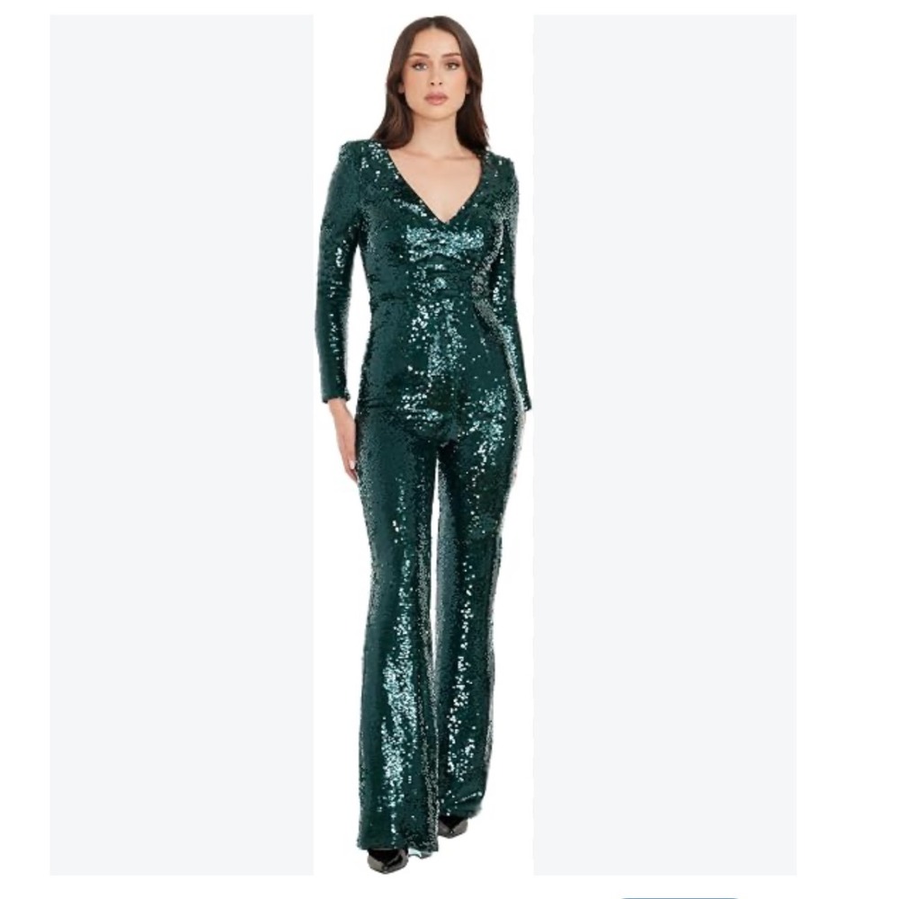 Dress The Population Carson Jumpsuit Women Small Green Sequin V-Neck Long Sleeve